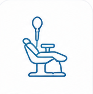 A blue line icon depicting a dental chair with an oral irrigator, set against a plain white background with rounded corners.